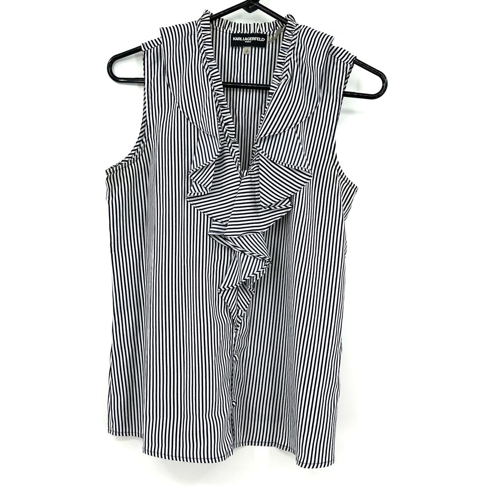 Karl Lagerfeld Size Small Sleeveless Ruffle Collar Blouse Black White Pinstripe
